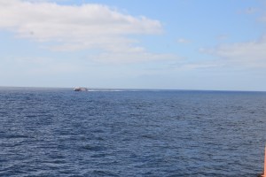 Rechts neben dem Katamaran schemenhaft der Vulkan El Teide auf Teneriffa