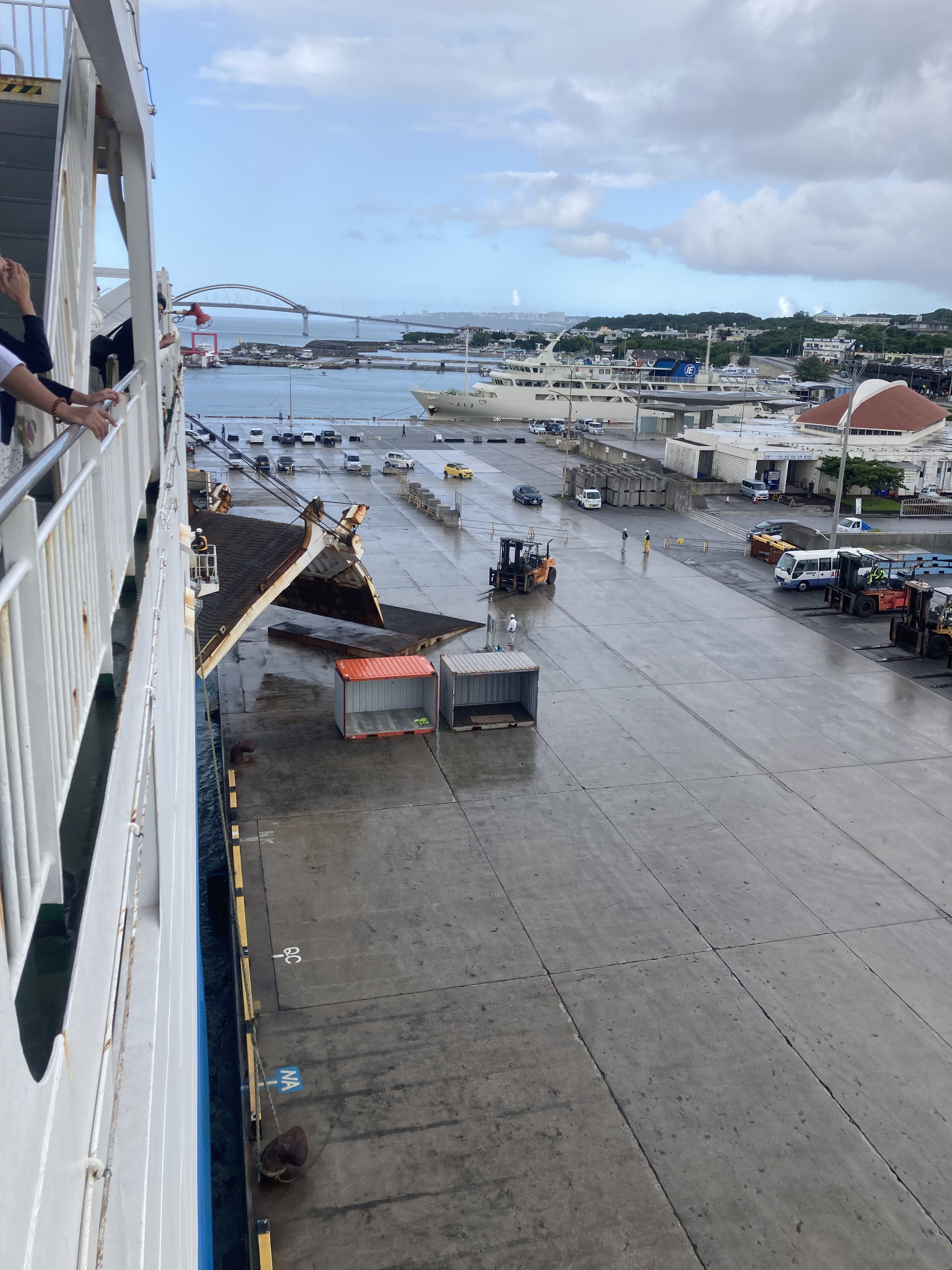 Ferry Akebono lowering car ramp in Motobu