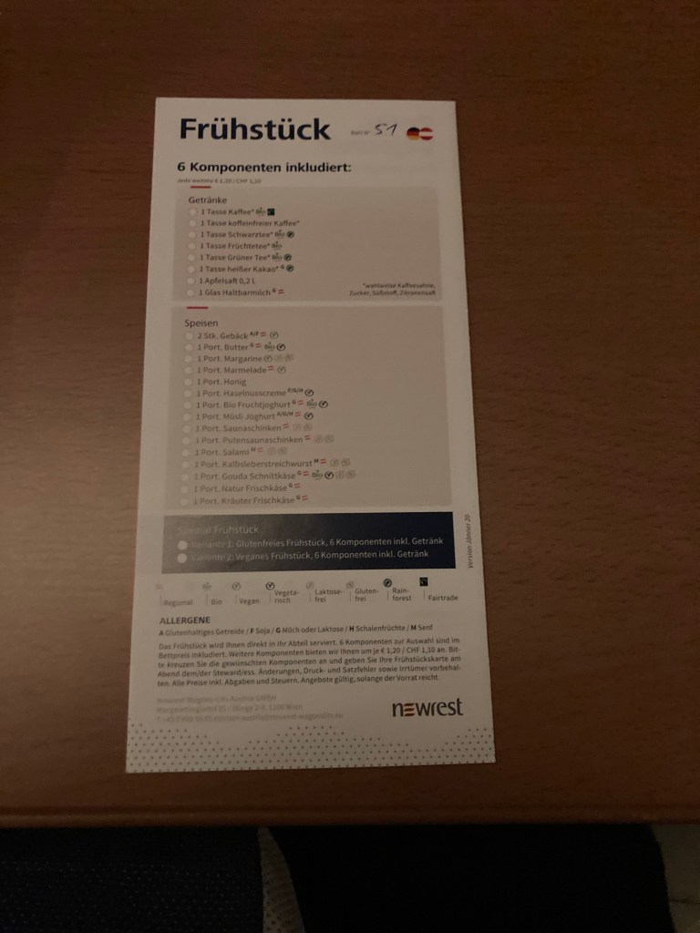 ÖBB Night Jet (sleeper train) Berlin-Vienna: breakfast options